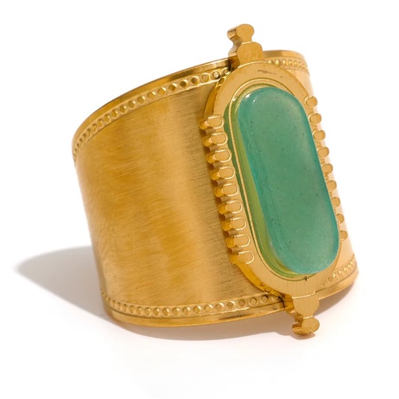 Jewelry - Stainless Steel Green Natural Stone Wide Open Ring